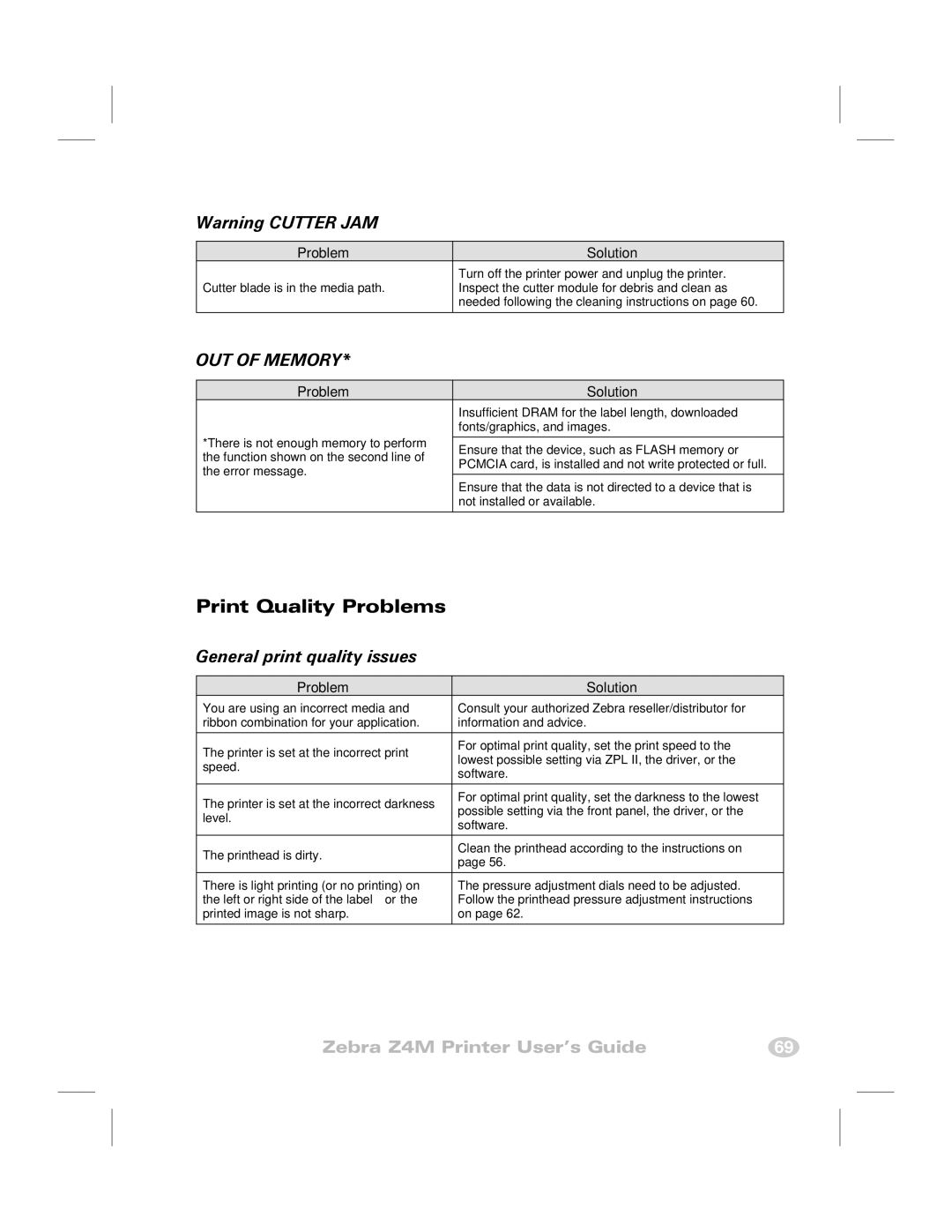 Zebra Technologies Z4M manual Print Quality Problems, General print quality issues 