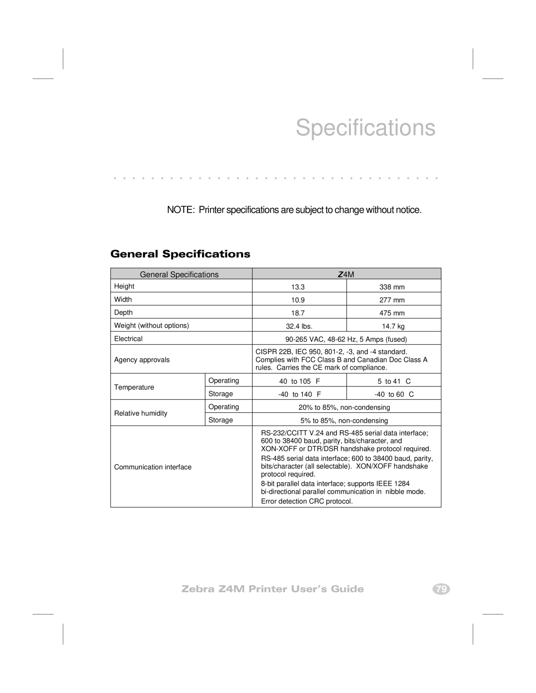 Zebra Technologies Z4M manual General Specifications 