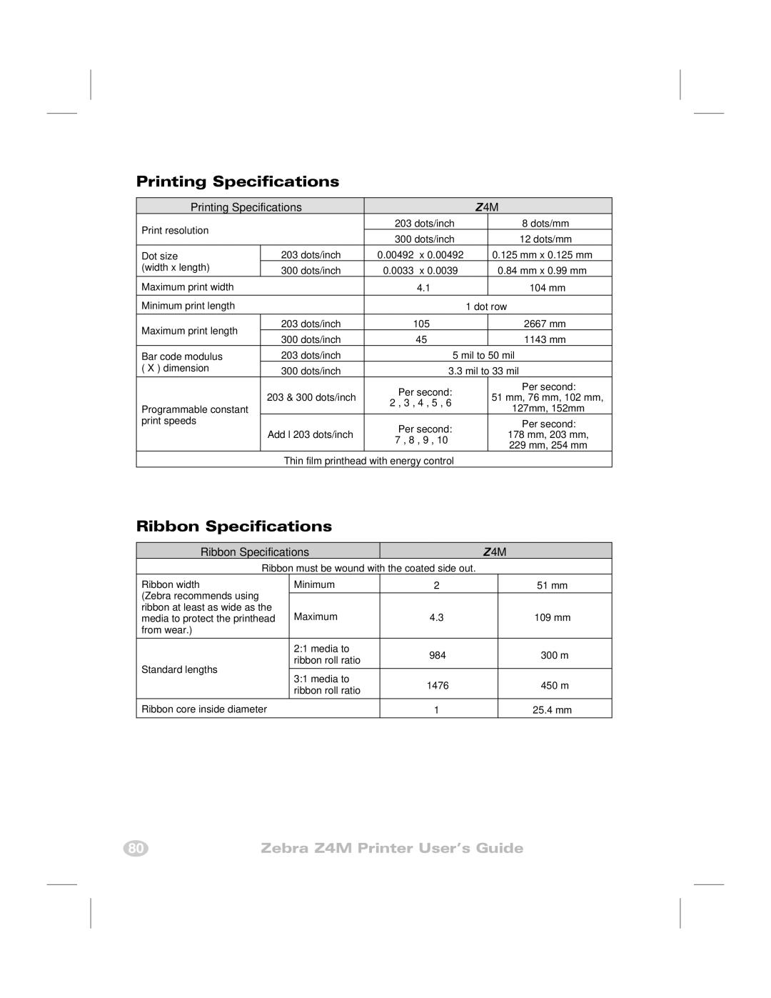 Zebra Technologies Z4M manual Printing Specifications, Ribbon Specifications 