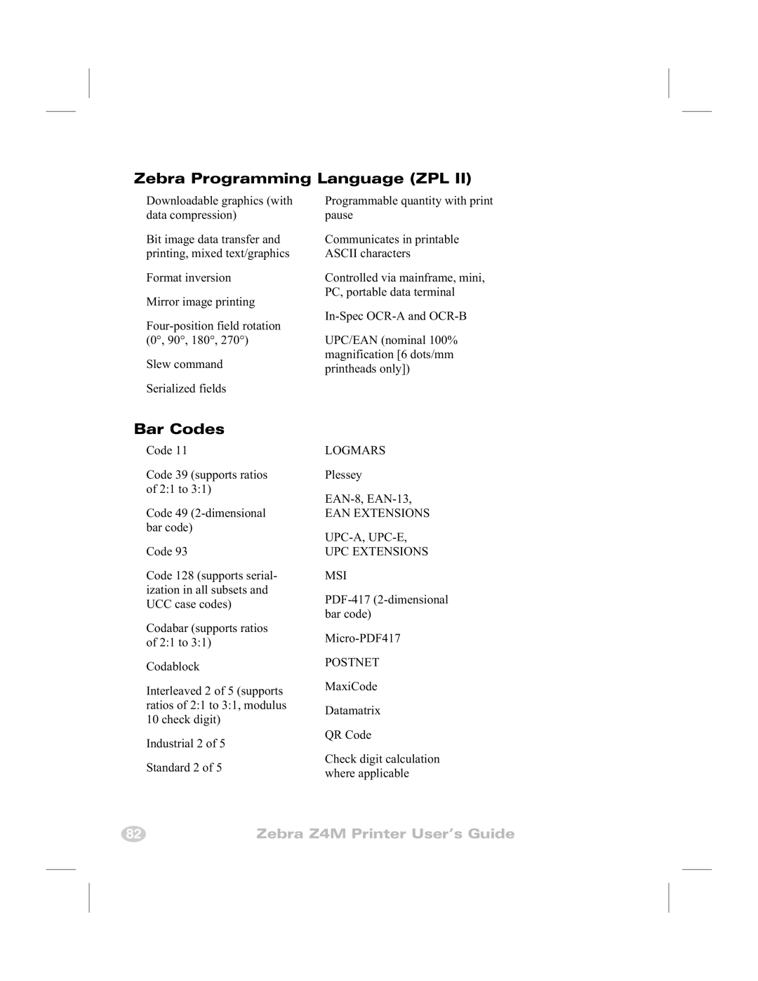 Zebra Technologies Z4M manual Zebra Programming Language ZPL, Bar Codes 