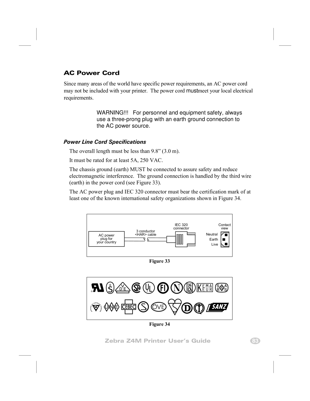 Zebra Technologies Z4M manual AC Power Cord, Power Line Cord Specifications 