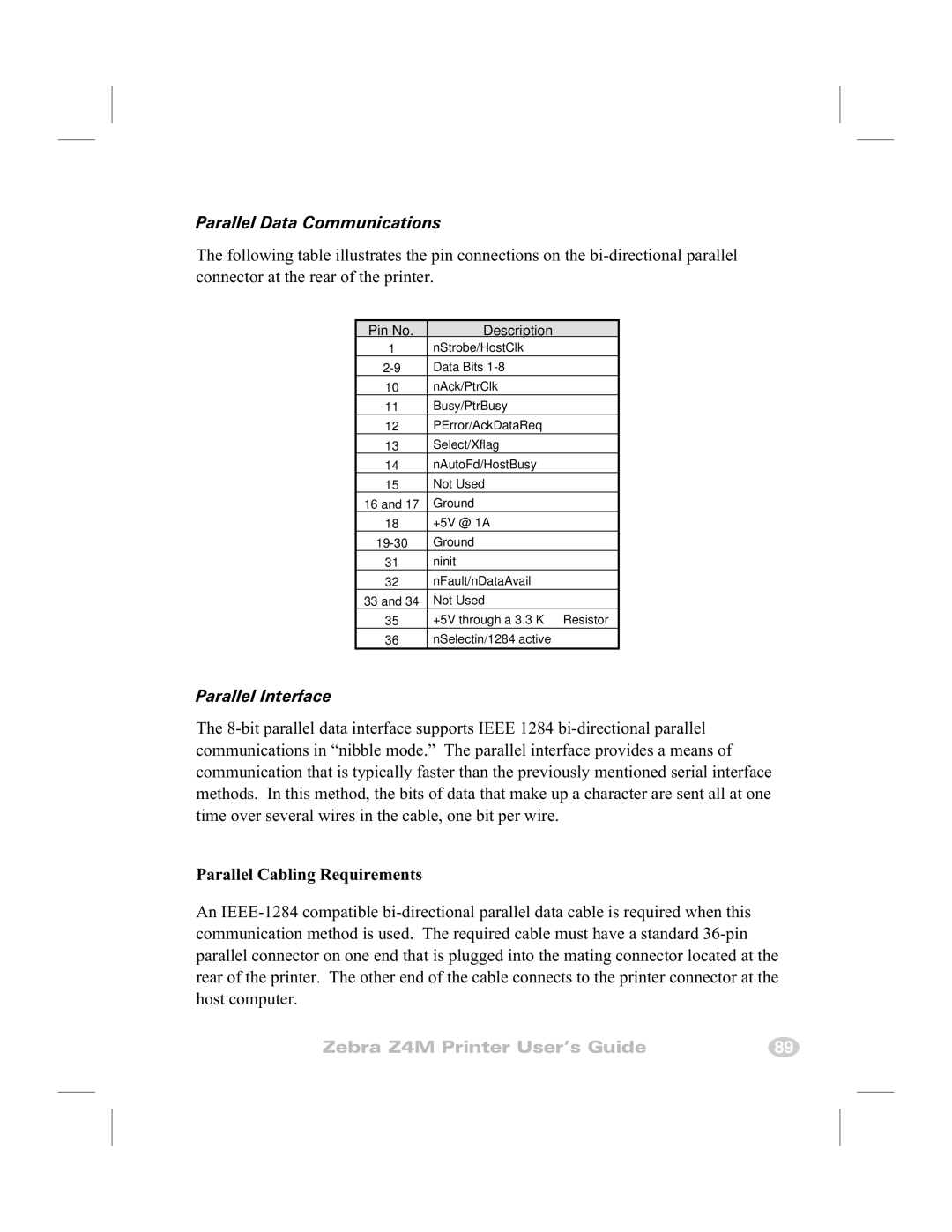 Zebra Technologies Z4M manual Parallel Data Communications, Parallel Interface 