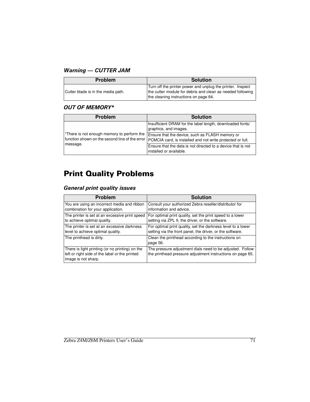 Zebra Technologies Z6M manual 3ULQW4XDOLW\3UREOHPV, Hqhudosulqwtxdolw\Lvvxhv 