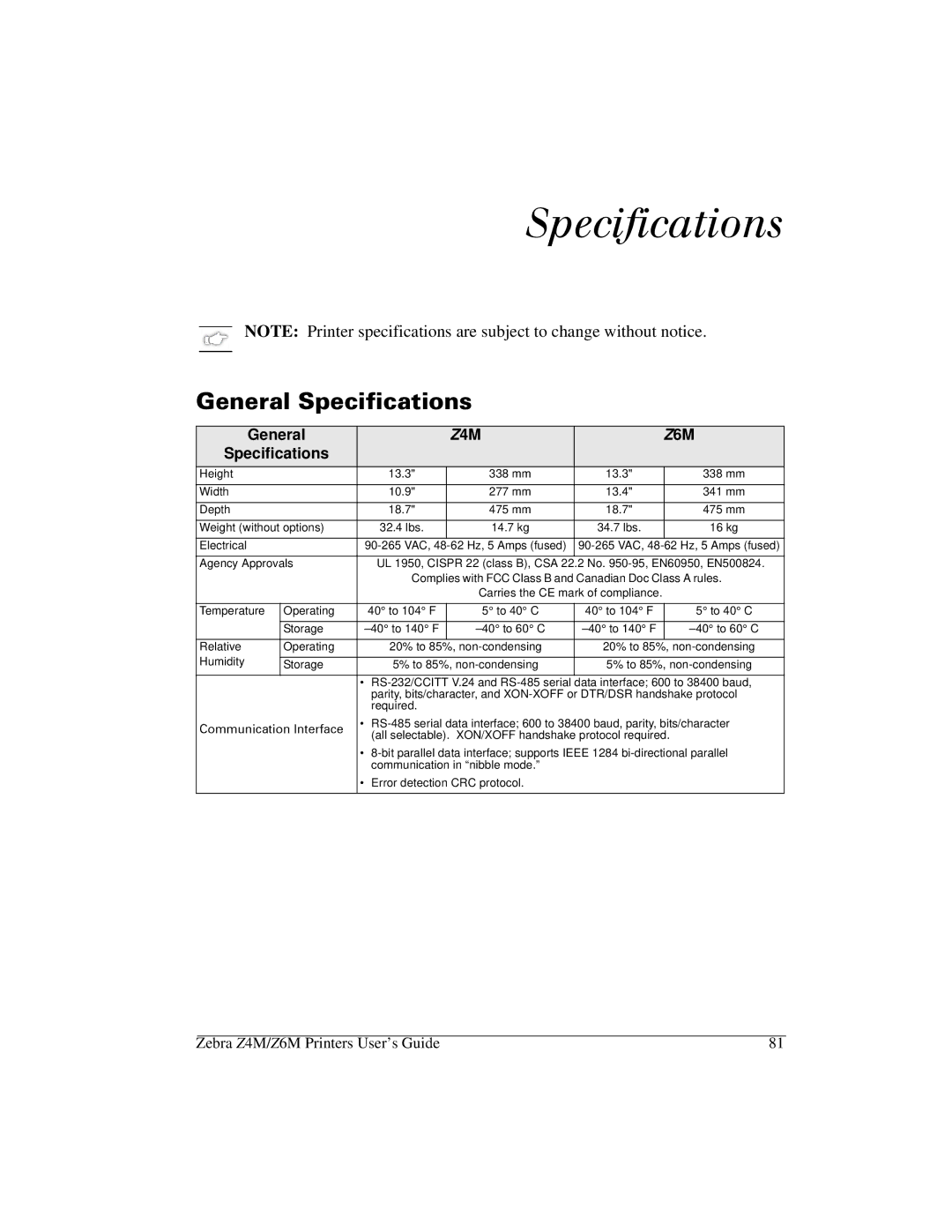 Zebra Technologies Z6M manual 0lY‹y‹YAÏ‹Ÿ›Æ, HQHUDO6SHFLILFDWLRQV 