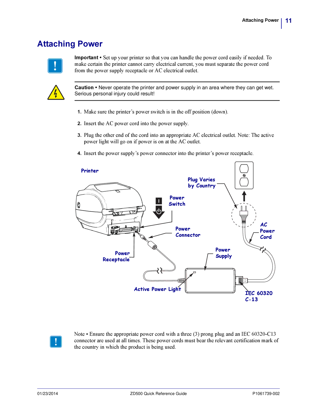 Zebra Technologies ZD500 manual Attaching Power 