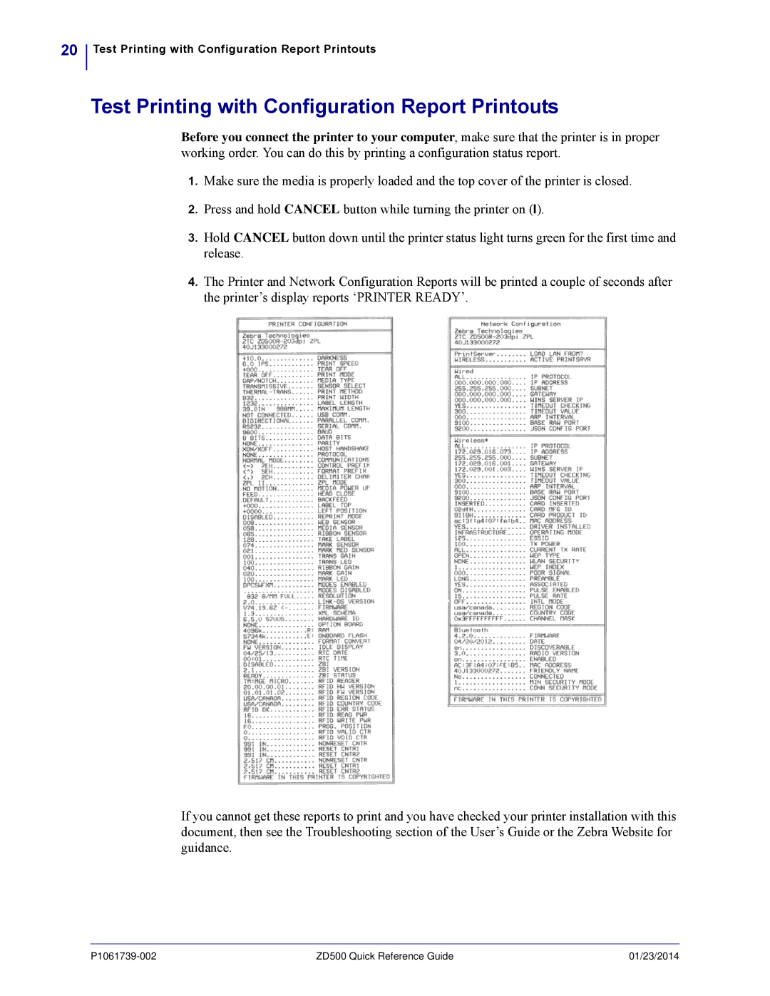 Zebra Technologies ZD500 manual Test Printing with Configuration Report Printouts 