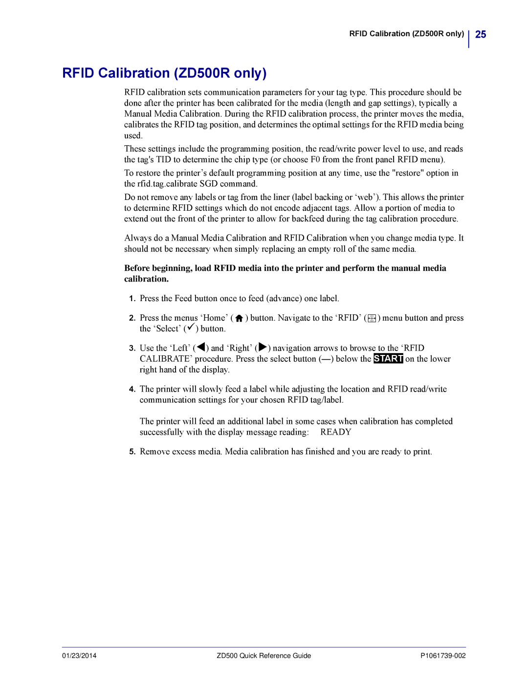 Zebra Technologies manual Rfid Calibration ZD500R only 