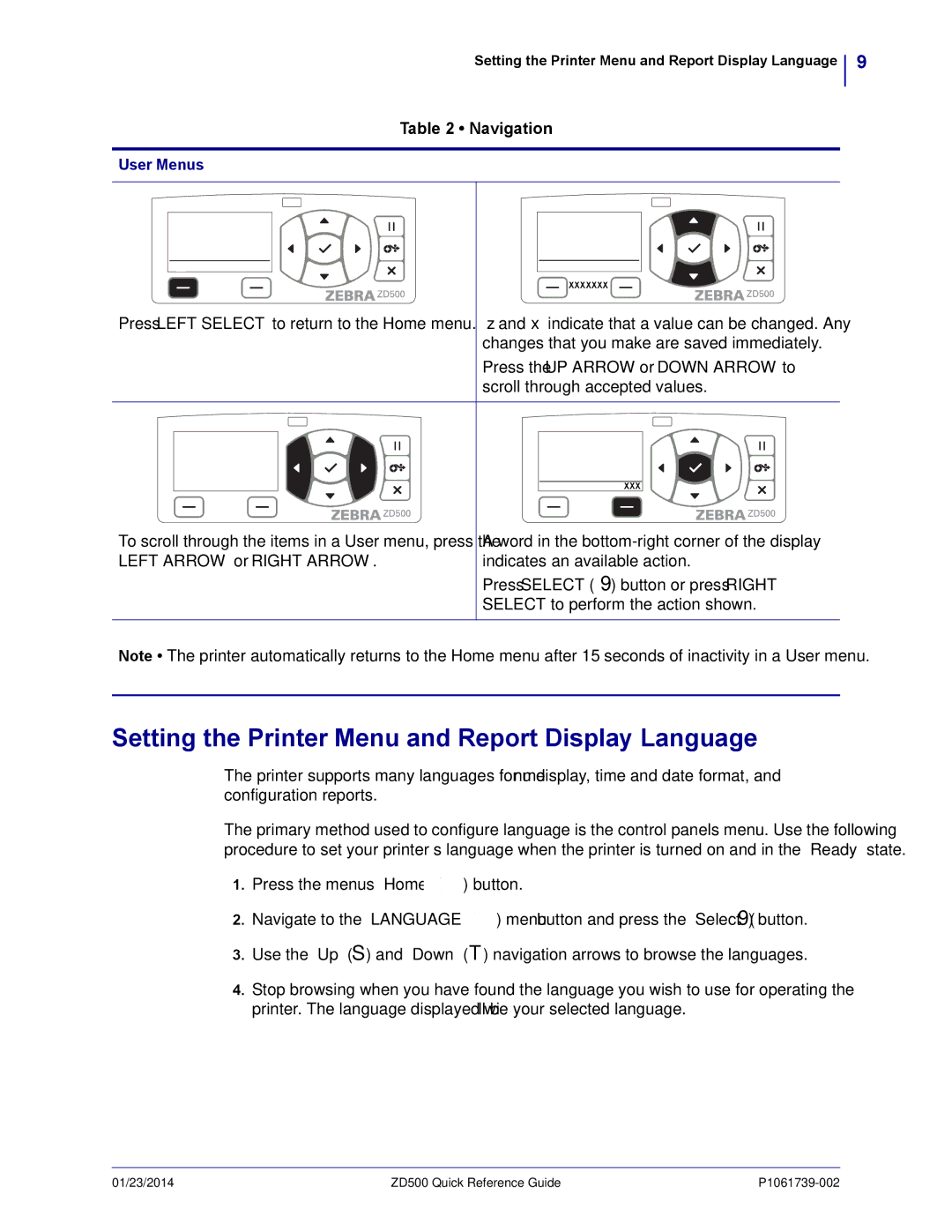 Zebra Technologies ZD500 manual Setting the Printer Menu and Report Display Language 