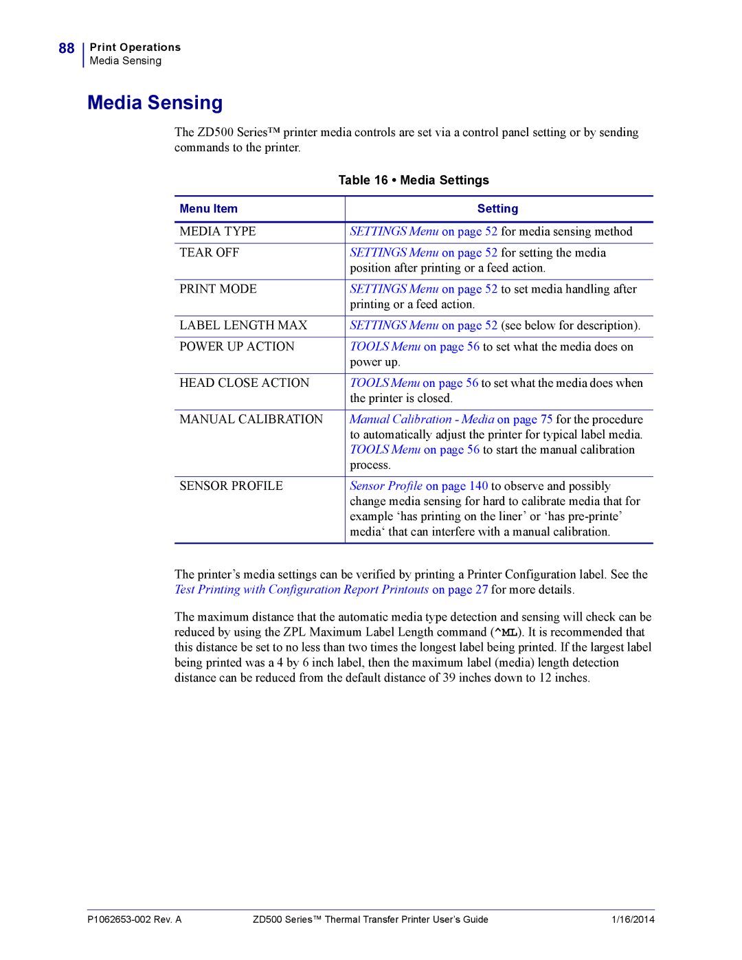 Zebra Technologies ZD500 manual Media Sensing, Media Settings 