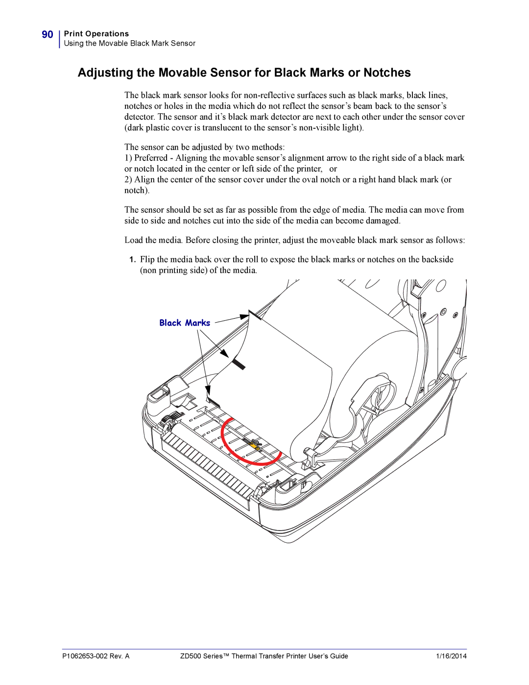 Zebra Technologies ZD500 manual Adjusting the Movable Sensor for Black Marks or Notches 