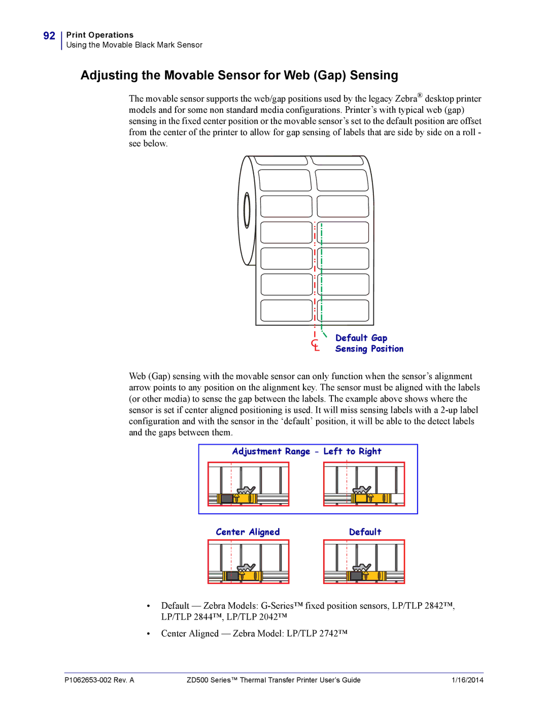 Zebra Technologies ZD500 manual Adjusting the Movable Sensor for Web Gap Sensing 