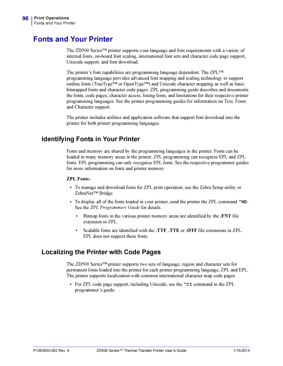 Zebra Technologies ZD500 Fonts and Your Printer, Identifying Fonts in Your Printer, Localizing the Printer with Code Pages 