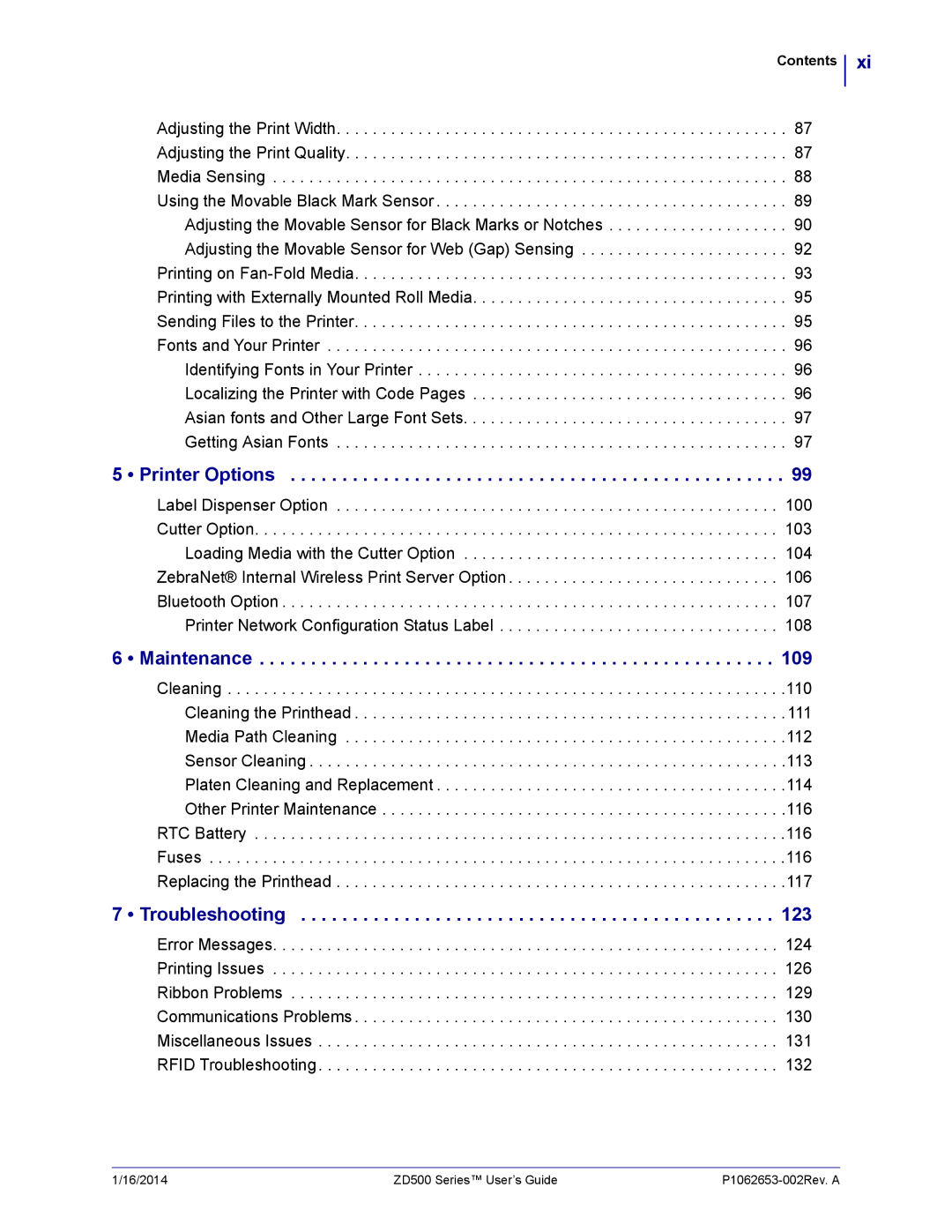 Zebra Technologies ZD500 manual Printer Options, Maintenance, Troubleshooting 123 