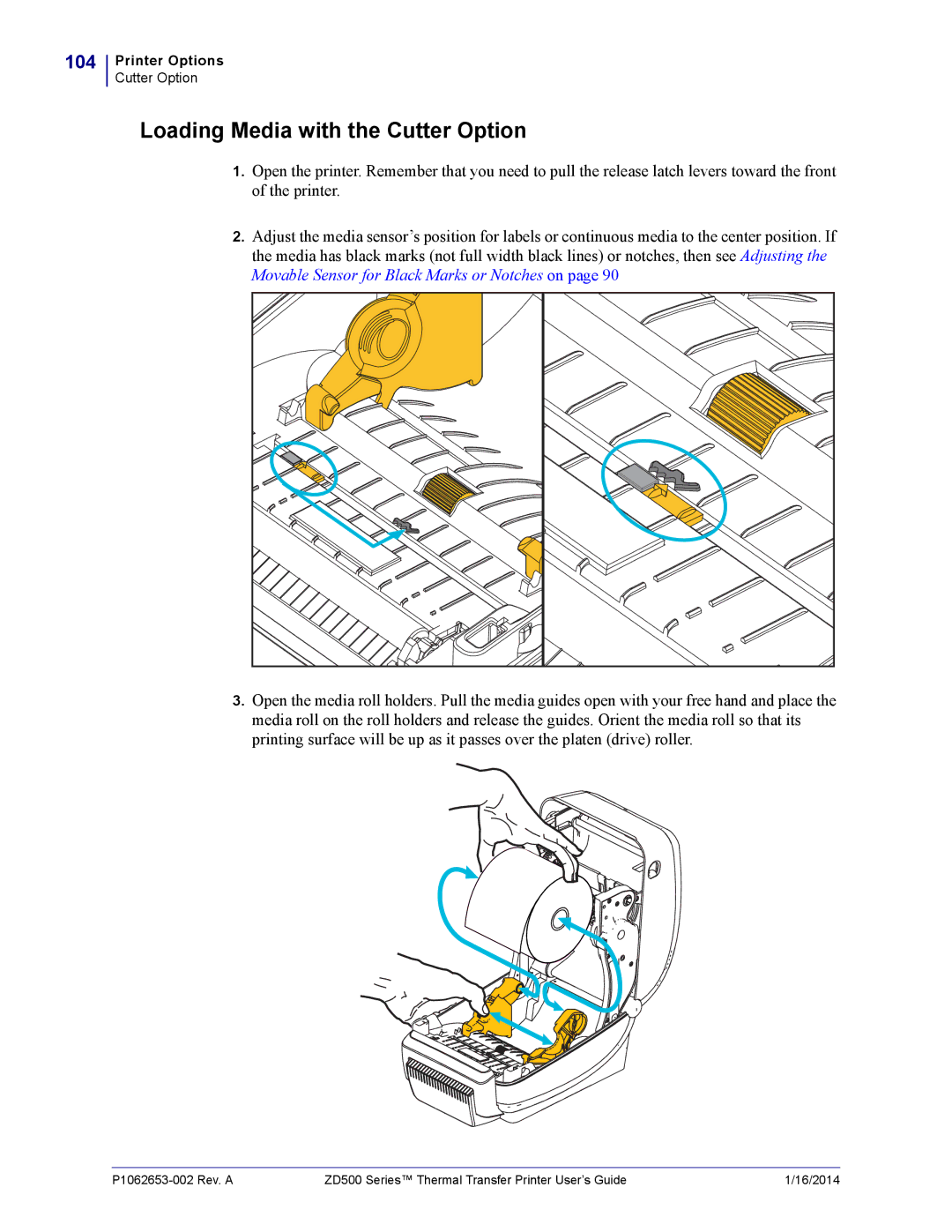 Zebra Technologies ZD500 manual Loading Media with the Cutter Option, 104 