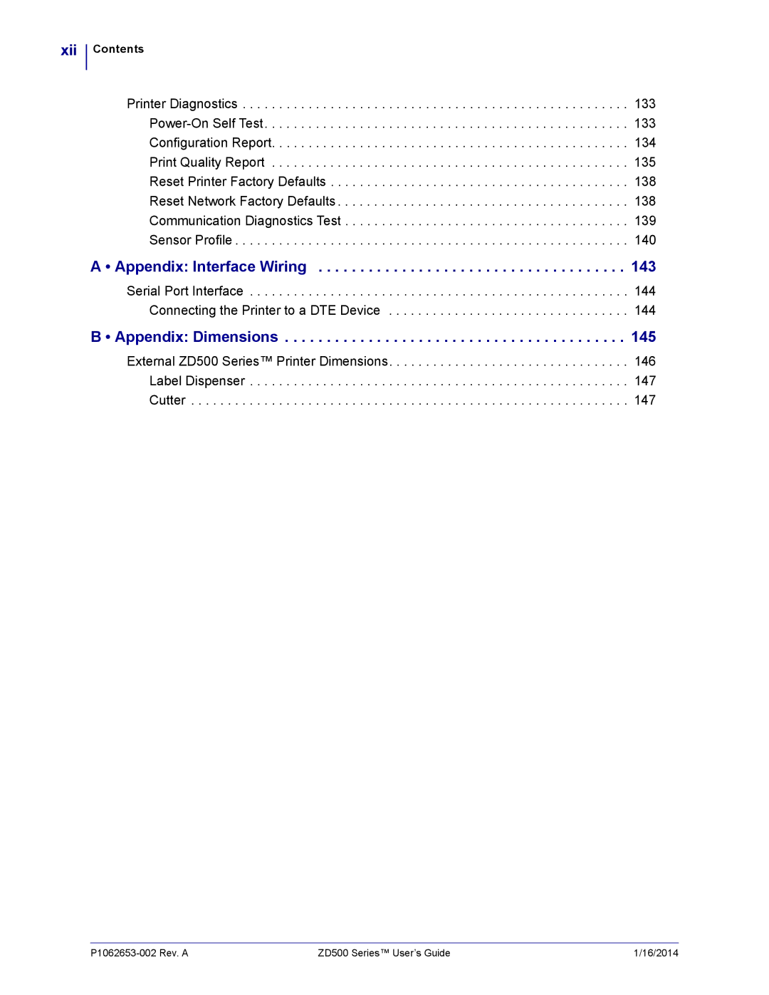 Zebra Technologies ZD500 manual Xii, Appendix Interface Wiring 143, Appendix Dimensions 