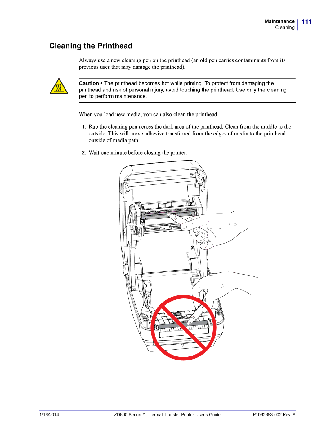 Zebra Technologies ZD500 manual Cleaning the Printhead, 111 