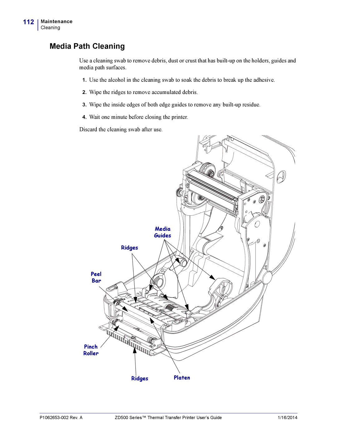 Zebra Technologies ZD500 manual Media Path Cleaning, 112 