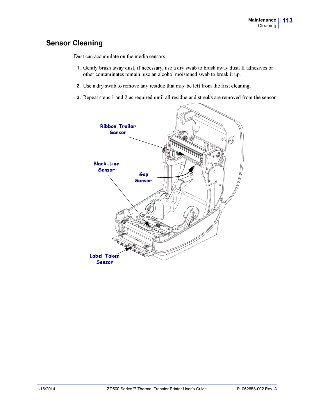 Zebra Technologies ZD500 manual Sensor Cleaning, 113 