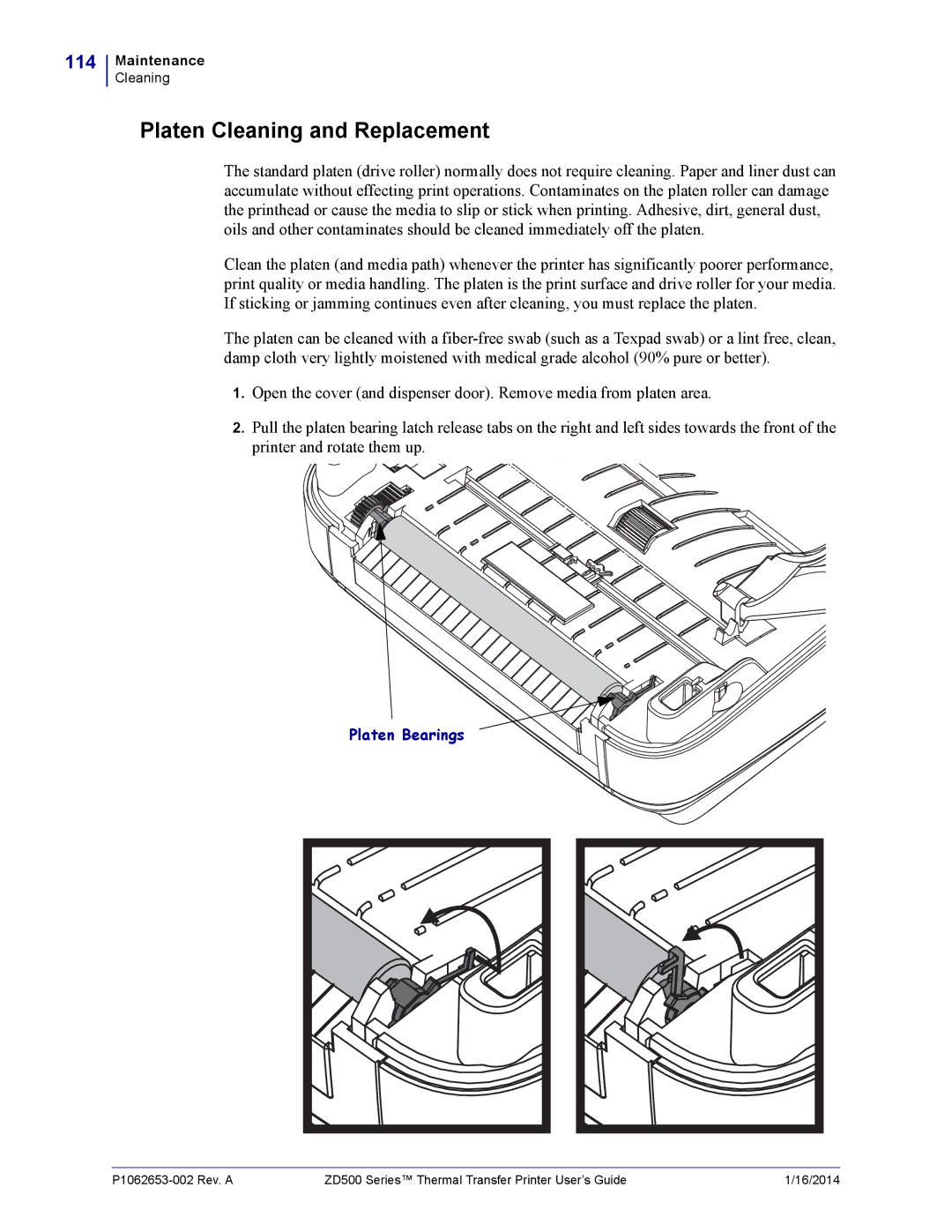 Zebra Technologies ZD500 manual Platen Cleaning and Replacement, 114 