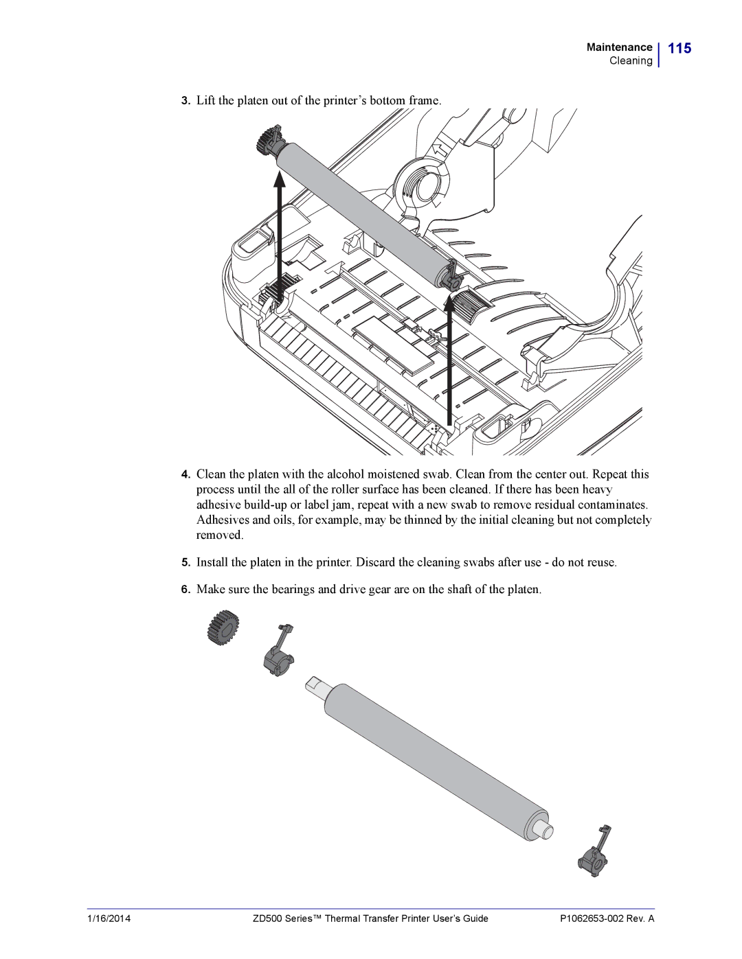 Zebra Technologies ZD500 manual 115, Lift the platen out of the printer’s bottom frame 