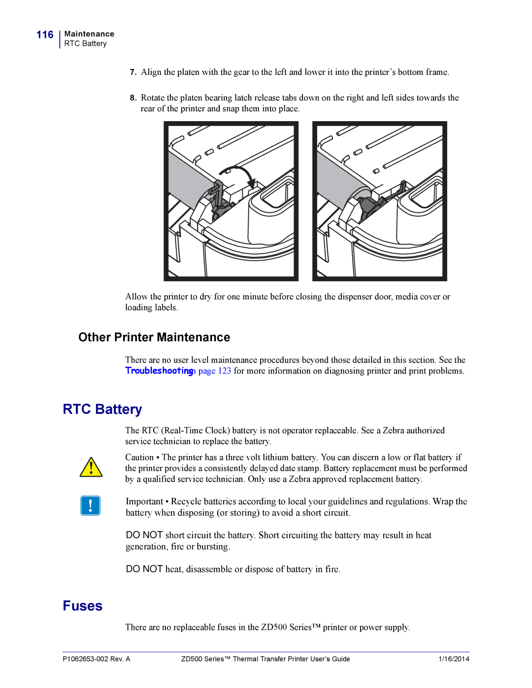Zebra Technologies ZD500 manual RTC Battery, Fuses, Other Printer Maintenance, 116 