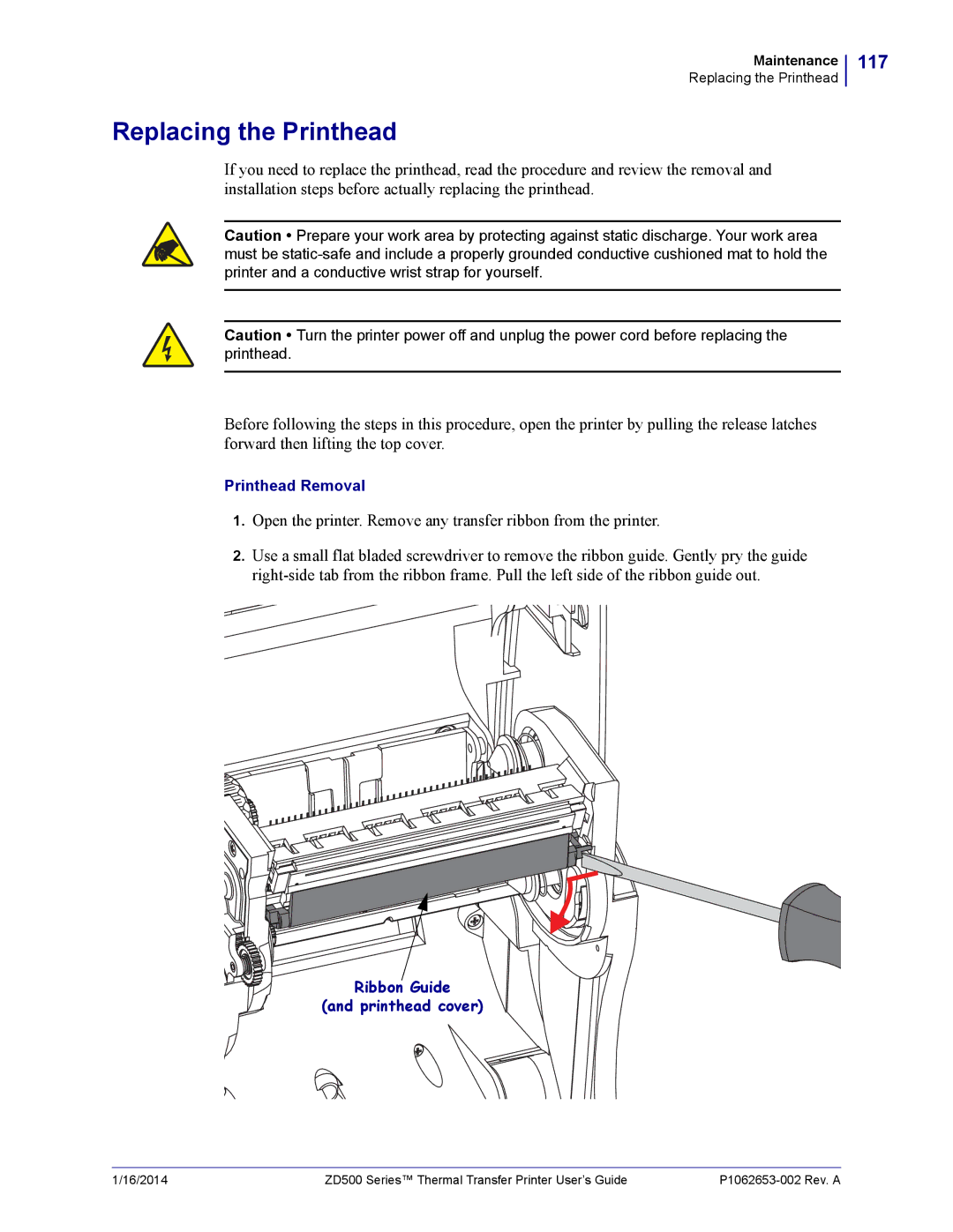 Zebra Technologies ZD500 manual Replacing the Printhead, 117 