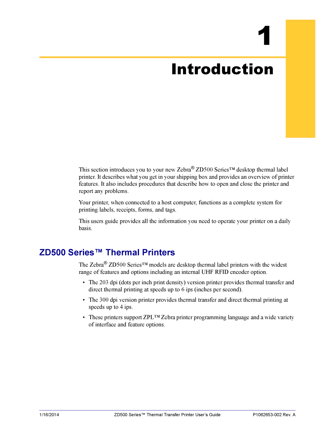 Zebra Technologies manual Introduction, ZD500 Series Thermal Printers 