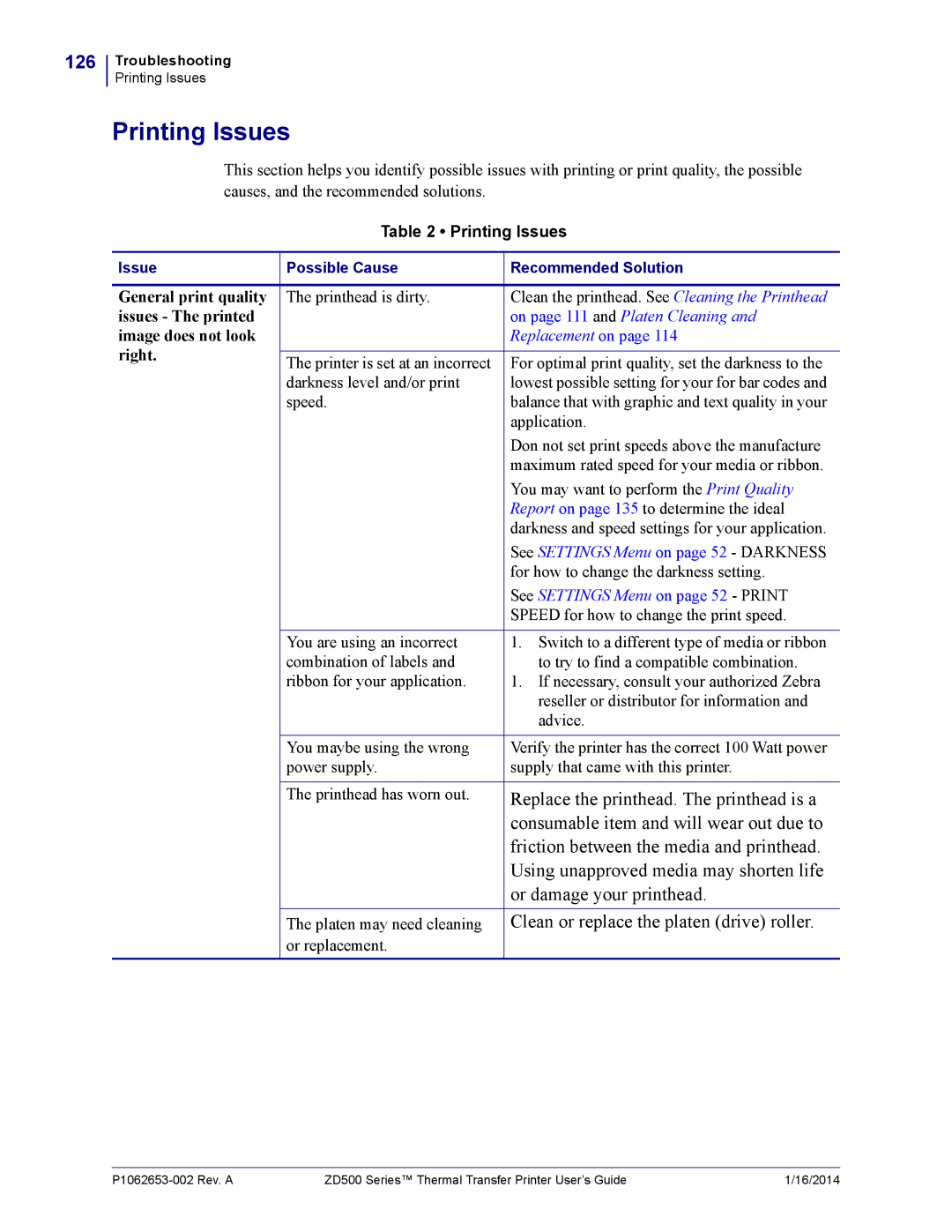 Zebra Technologies ZD500 manual Printing Issues, 126 