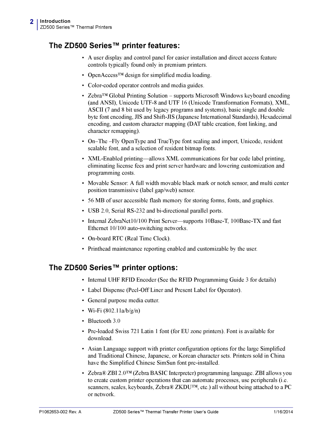 Zebra Technologies manual ZD500 Series printer features, ZD500 Series printer options 