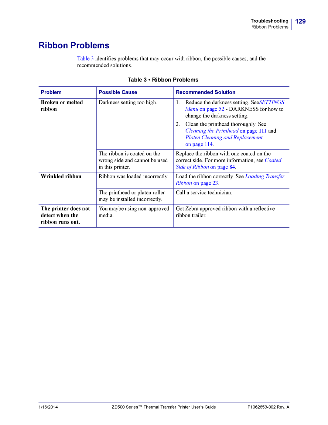 Zebra Technologies ZD500 manual Ribbon Problems, 129 