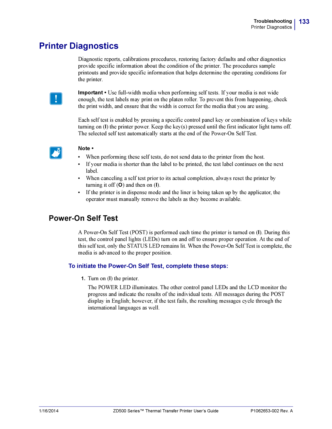 Zebra Technologies ZD500 manual Printer Diagnostics, Power-On Self Test, 133 