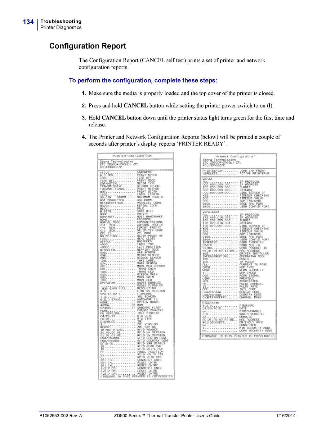 Zebra Technologies ZD500 manual Configuration Report, 134 