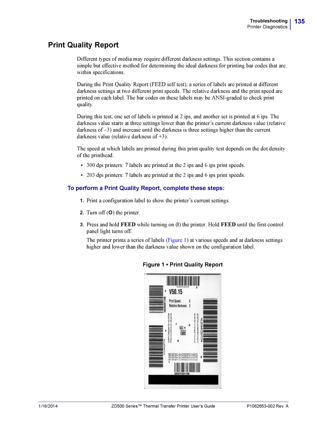 Zebra Technologies ZD500 manual Print Quality Report, 135 