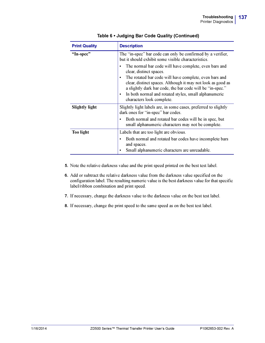 Zebra Technologies ZD500 manual 137, In-spec, Too light 