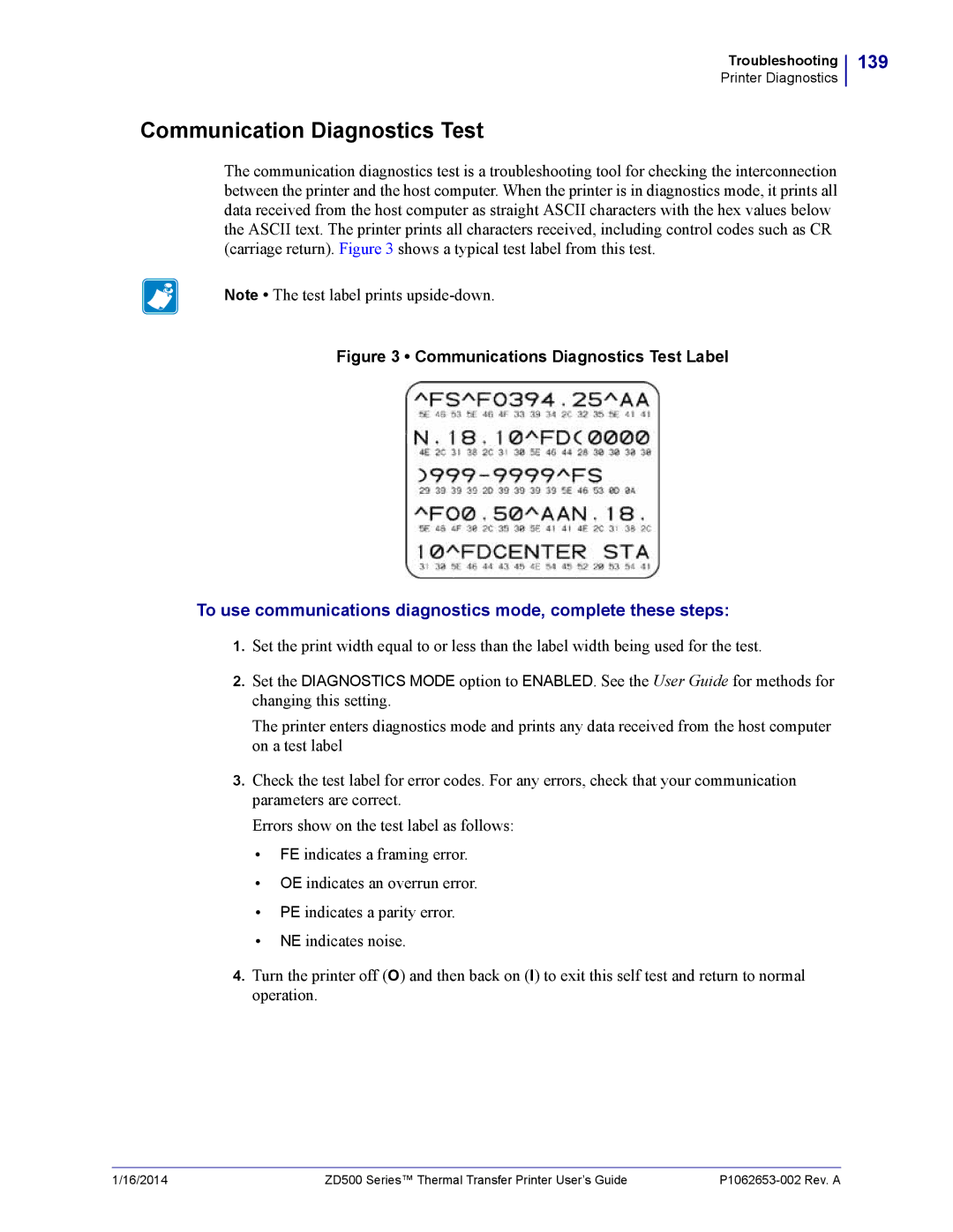 Zebra Technologies ZD500 manual Communication Diagnostics Test, 139 