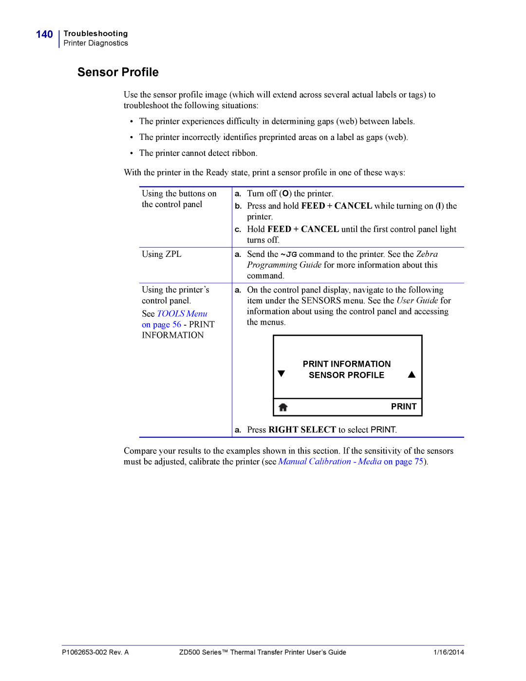 Zebra Technologies ZD500 manual Sensor Profile, 140, Information about using the control panel and accessing, Menus 