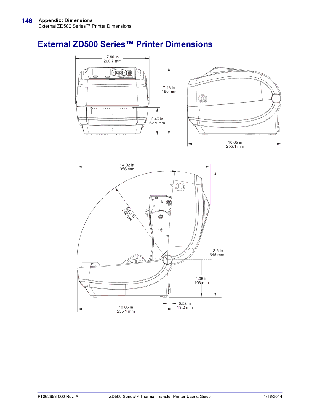 Zebra Technologies manual External ZD500 Series Printer Dimensions, 146 