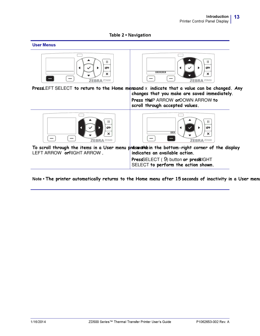 Zebra Technologies ZD500 manual To scroll through the items in a User menu, press, Left Arrow or Right Arrow 