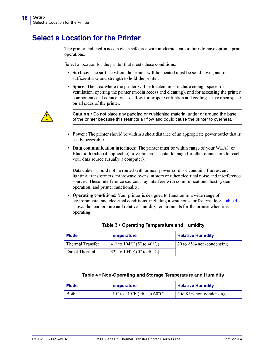 Zebra Technologies ZD500 manual Select a Location for the Printer, Operating Temperature and Humidity 