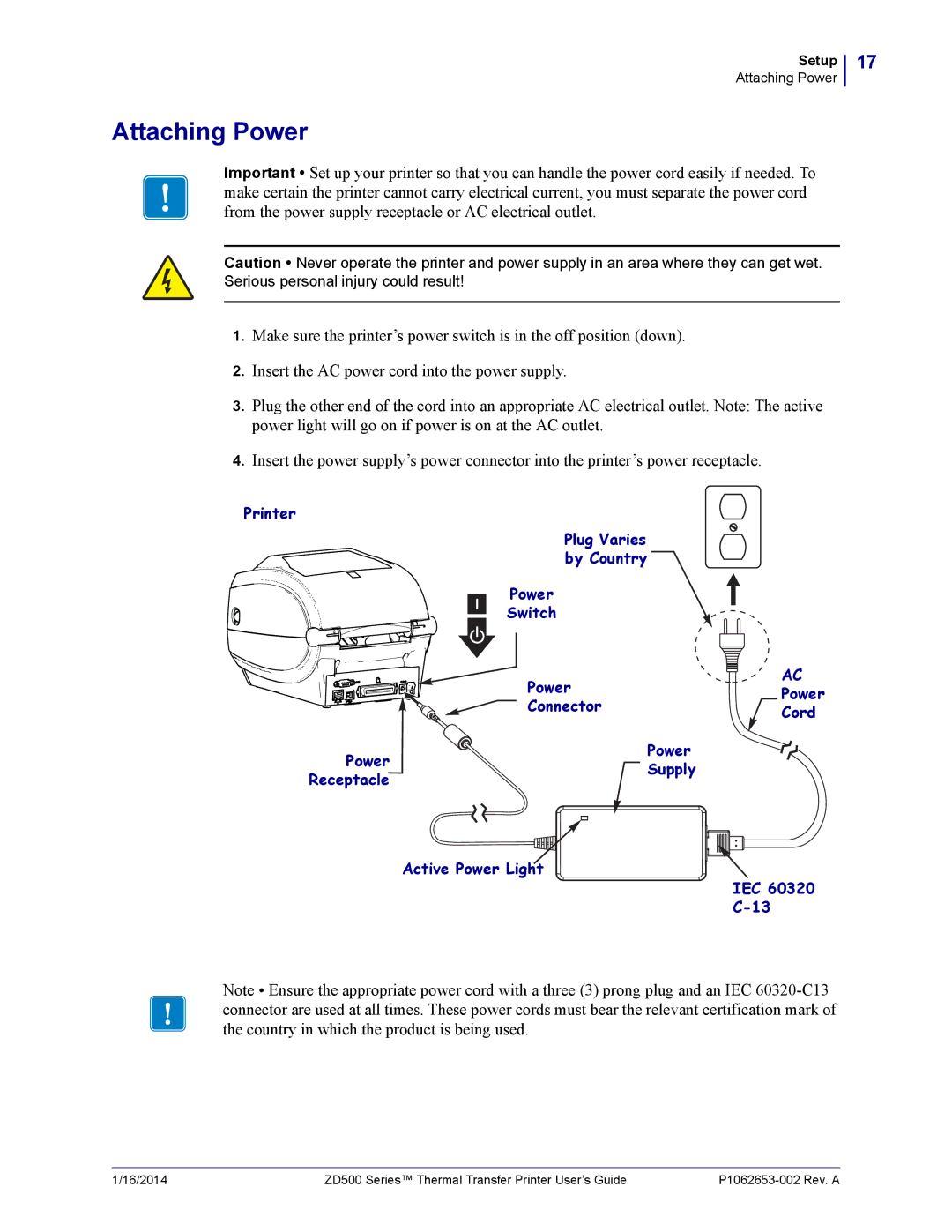 Zebra Technologies ZD500 manual Attaching Power 