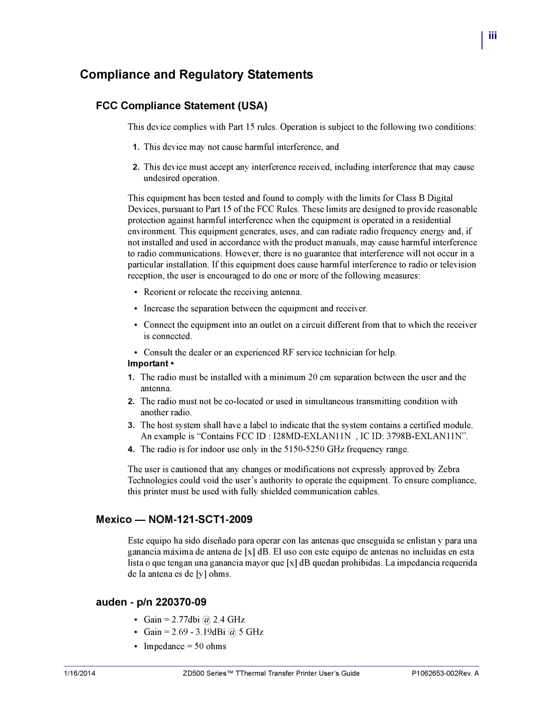 Zebra Technologies ZD500 manual Compliance and Regulatory Statements, Iii 