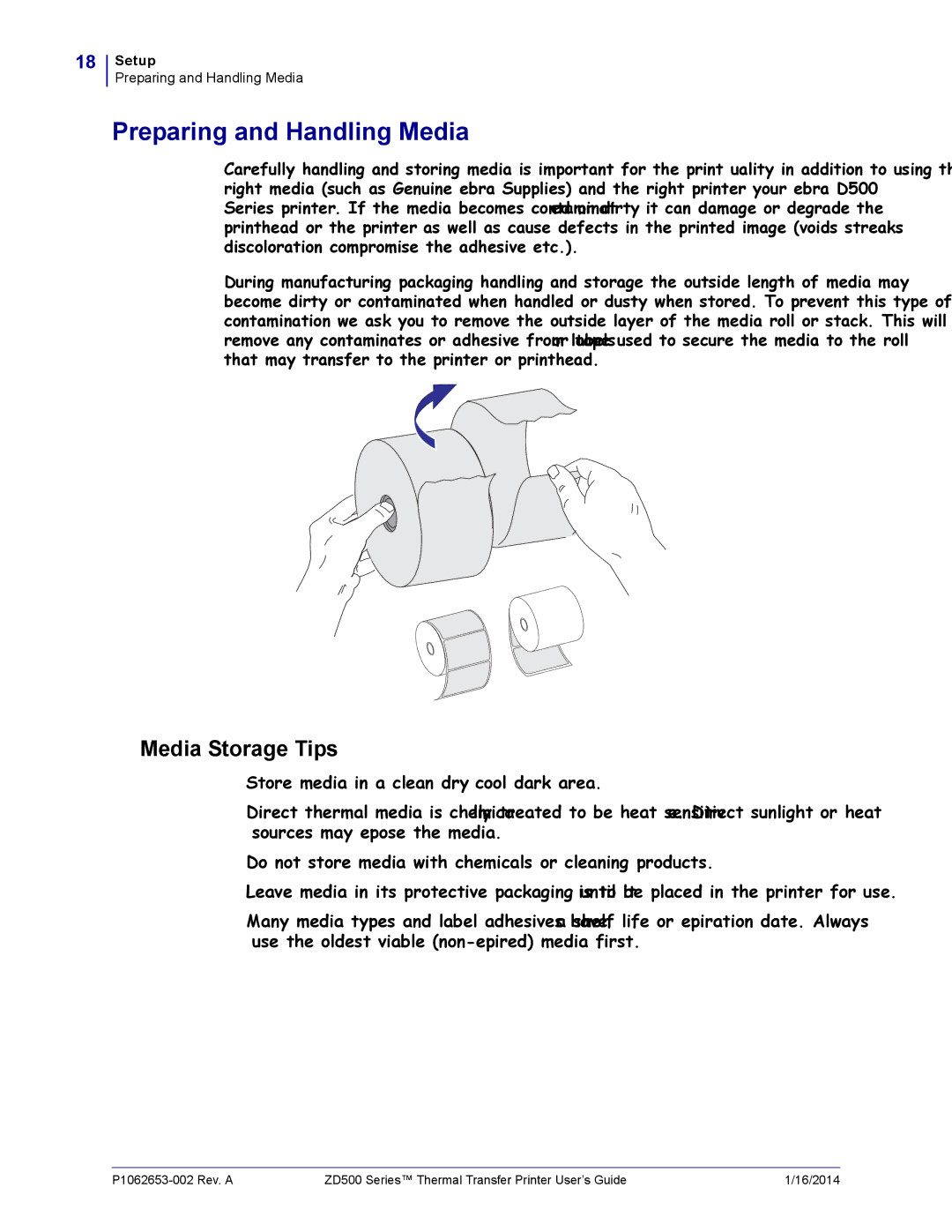 Zebra Technologies ZD500 manual Preparing and Handling Media, Media Storage Tips 