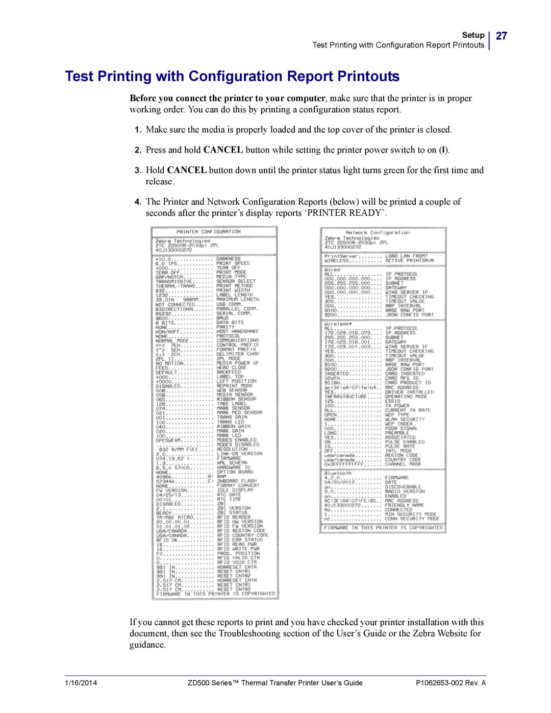 Zebra Technologies ZD500 manual Test Printing with Configuration Report Printouts 