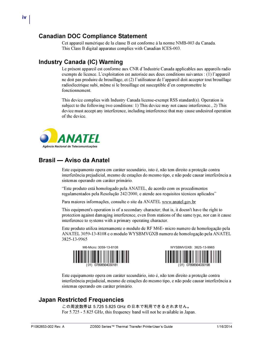 Zebra Technologies ZD500 manual Canadian DOC Compliance Statement, Industry Canada IC Warning, Brasil Aviso da Anatel 