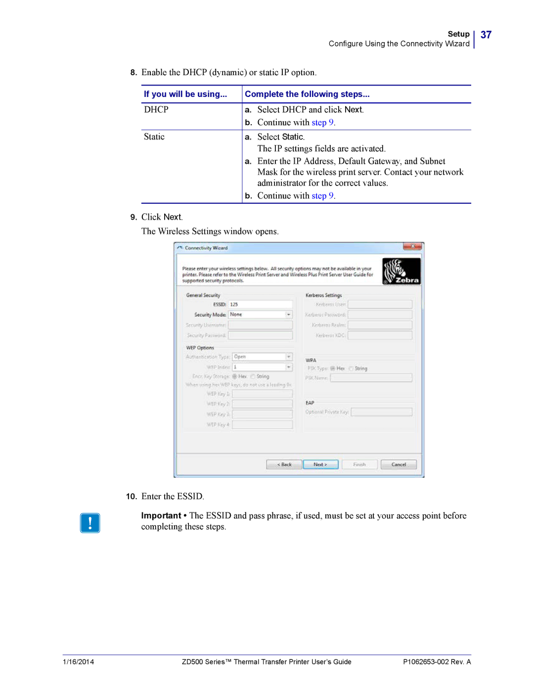 Zebra Technologies ZD500 manual Enable the Dhcp dynamic or static IP option, Select Dhcp and click Next, Continue with step 