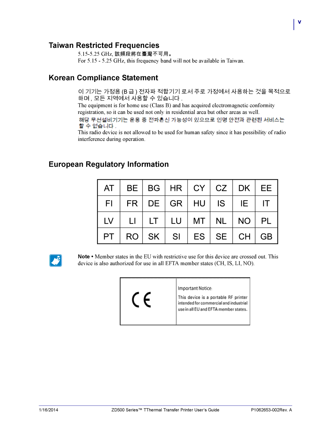 Zebra Technologies ZD500 manual Taiwan Restricted Frequencies, Korean Compliance Statement, European Regulatory Information 