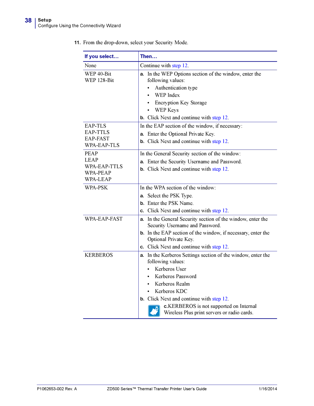 Zebra Technologies ZD500 manual From the drop-down, select your Security Mode, EAP section of the window, if necessary 