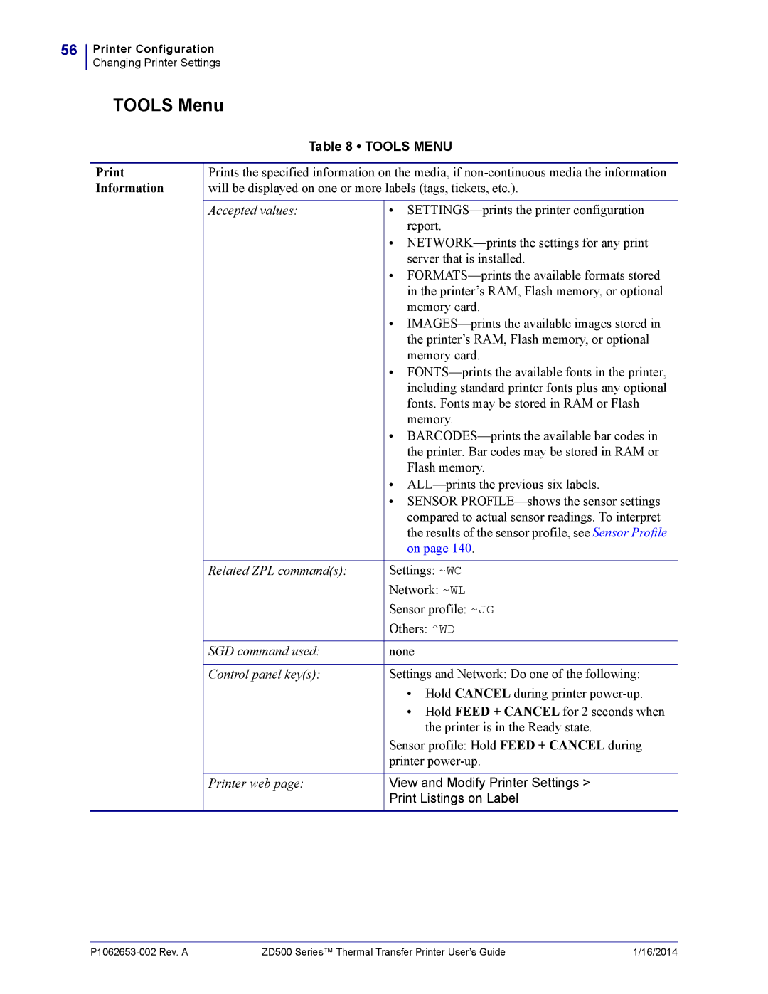 Zebra Technologies ZD500 manual Tools Menu, Information 