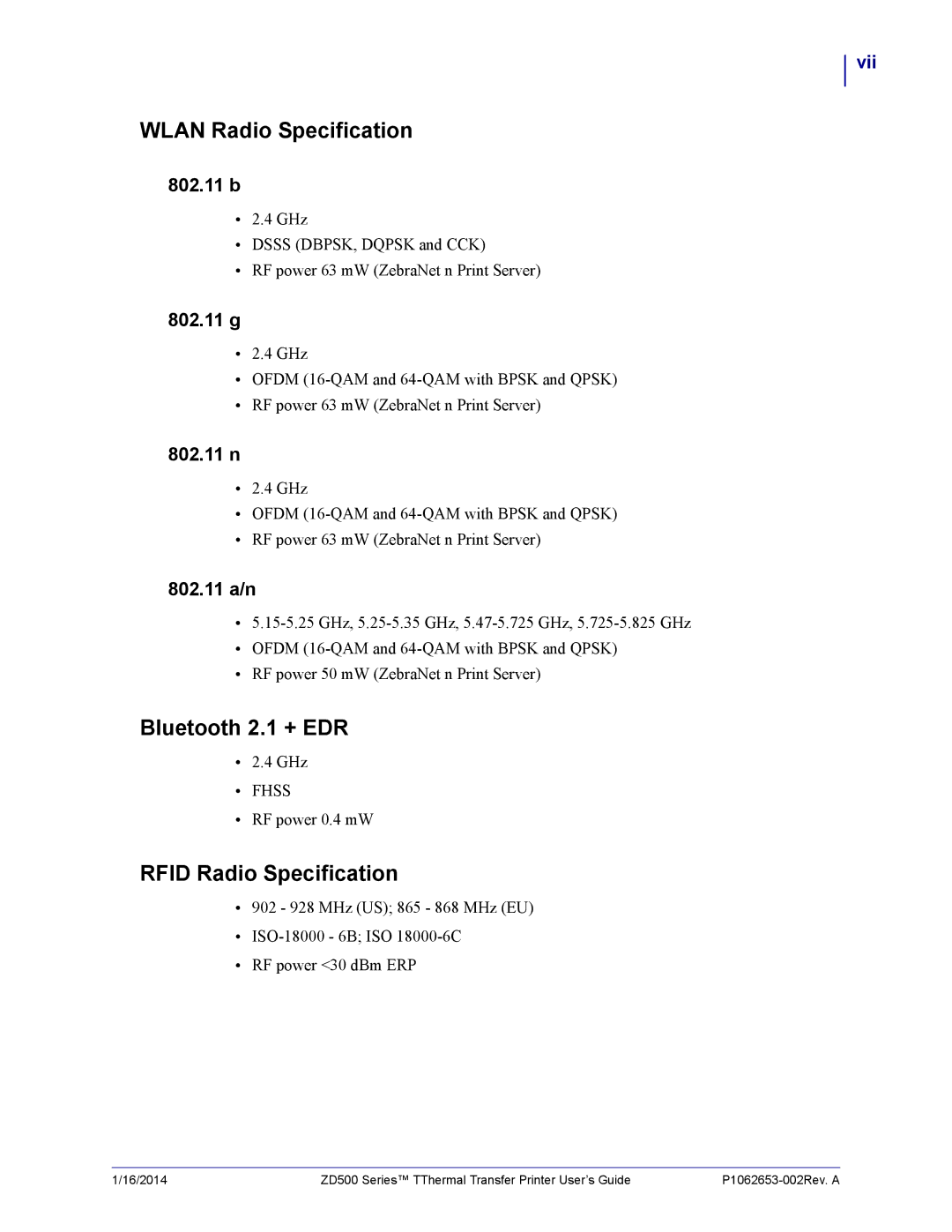 Zebra Technologies ZD500 manual Wlan Radio Specification, Bluetooth 2.1 + EDR, Rfid Radio Specification, Vii 