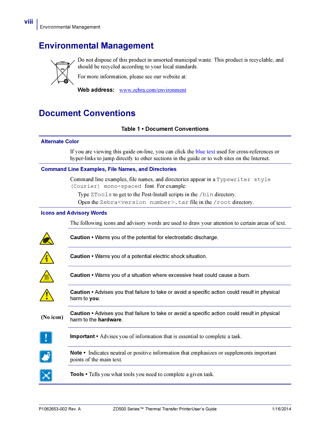 Zebra Technologies ZD500 manual Environmental Management, Document Conventions, Viii 